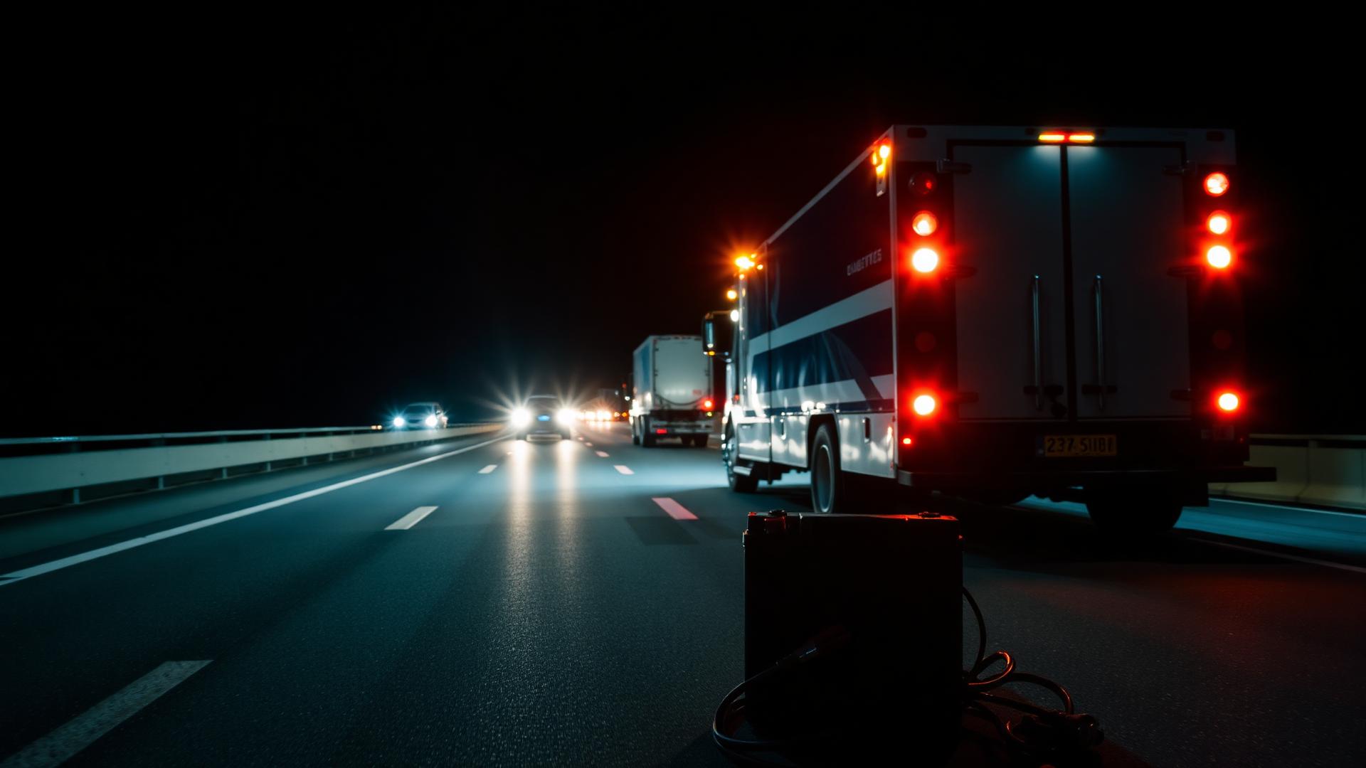 Service truck with amber lights on a highway at night